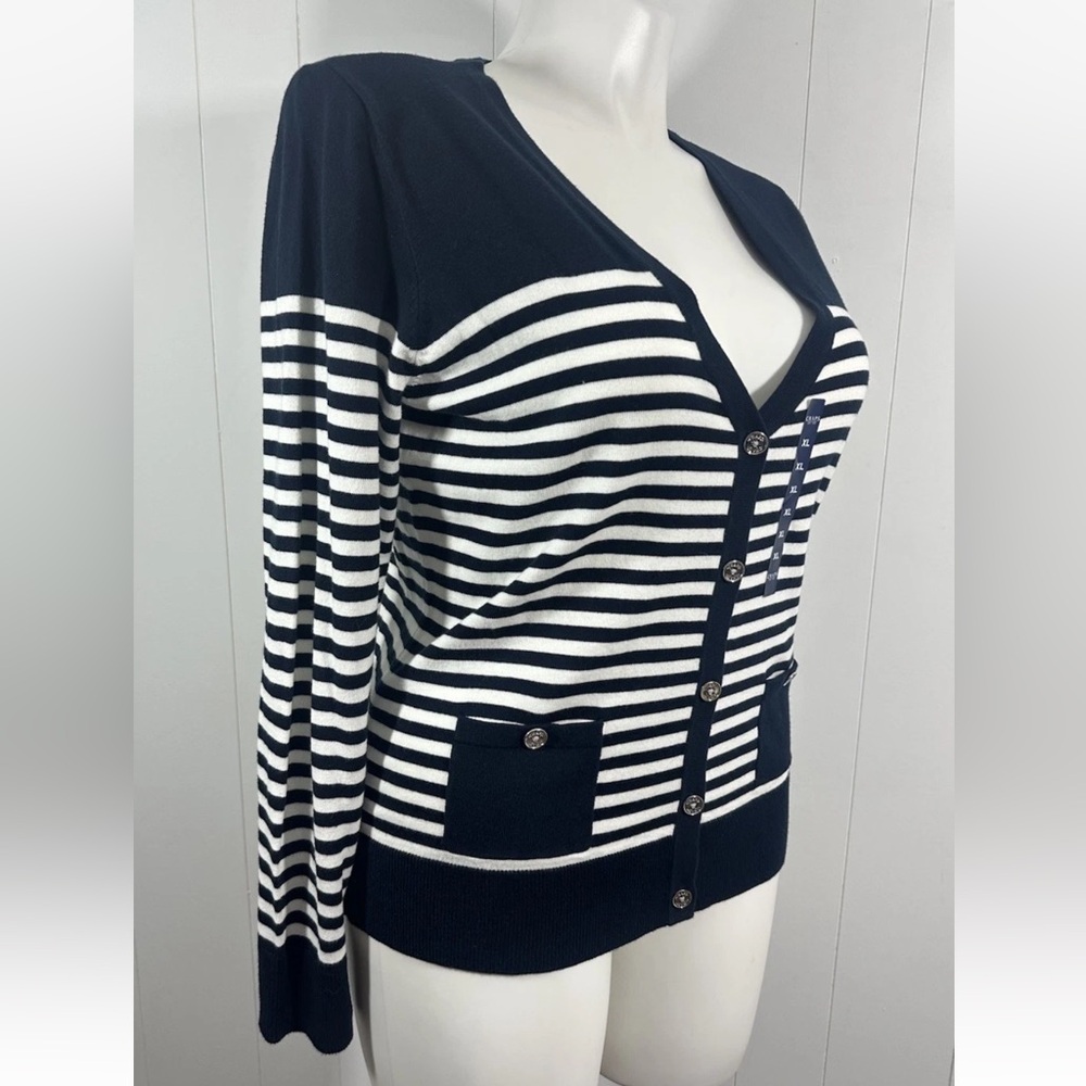 NWT Chaps Women’s Striped Navy Cardigan Womens Sz XL Long Sleeves V Neck Sweater - Picture 3 of 10